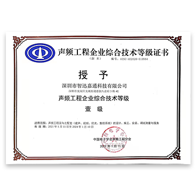 <strong><span style="font-size:14px;line-height:28px;font-family:Microsoft YaHei;">声频工程企业综合技术等级证书<br />
壹 级</span></strong><span style="line-height:24px;"><br />
</span>